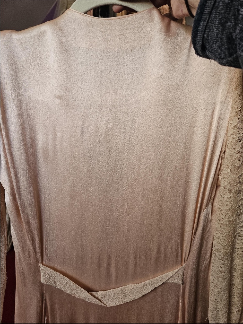 1930’s Elegant Blush Satin and Lace Midi Dress (shoulder pads removed) - Picture 6 of 13
